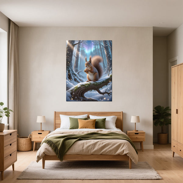 Poster Wandbild Verspieltes Eichhörnchen im Winterwald fuer Schlafzimmer gruen Hochformat