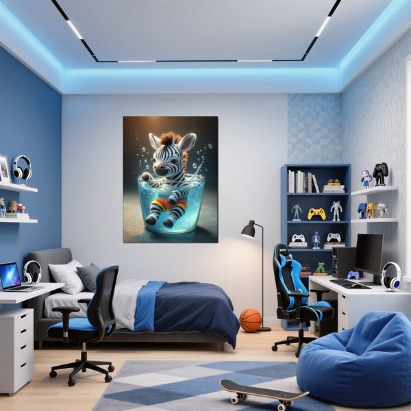 Poster Wandbild Verspieltes Zebra im Wasser fuer Jugendzimmer blau Hochformat