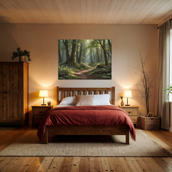 Poster Wandbild Verzauberter Waldweg B-00010 fuer Schlafzimmer warmeFarben Querformat