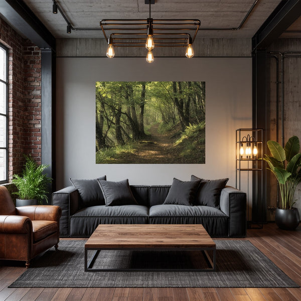 Poster Wandbild Waldweg im Morgenlicht fuer Wohnzimmer dunkelanthrazit Querformat