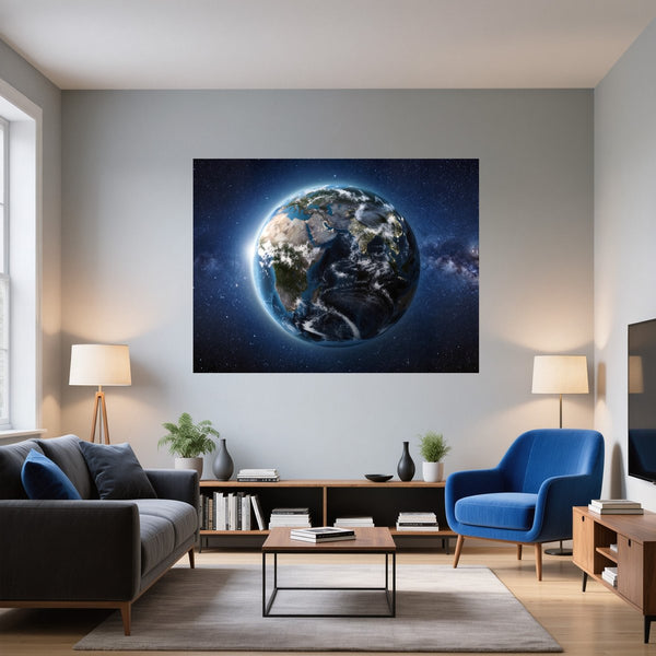 Poster Wandbild Weltall und Erde B-00027 fuer Wohnzimmer blau Querformat