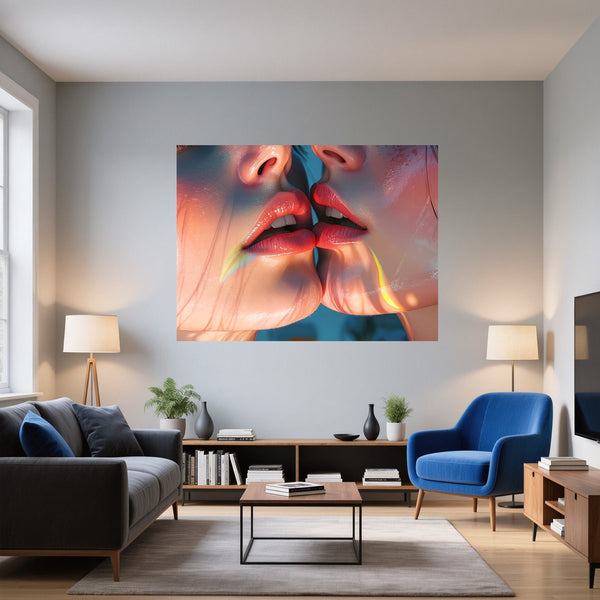 Poster Wandbild Zarte Berührung fuer Wohnzimmer blau Querformat