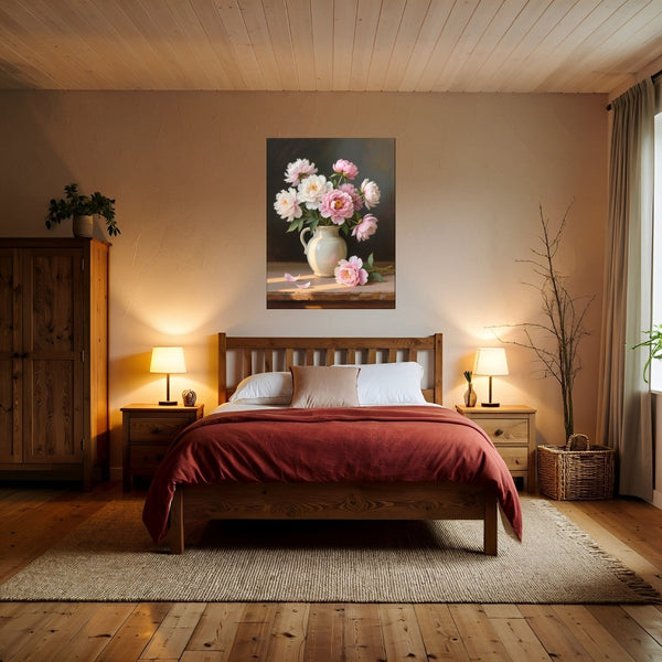 Poster Wandbild Zarte Pfingstrosenpracht fuer Schlafzimmer warmeFarben Hochformat