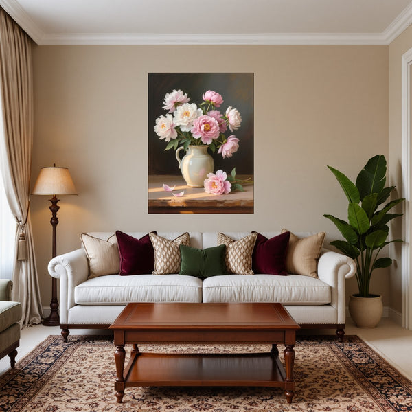 Poster Wandbild Zarte Pfingstrosenpracht fuer Wohnzimmer warmeFarben Hochformat
