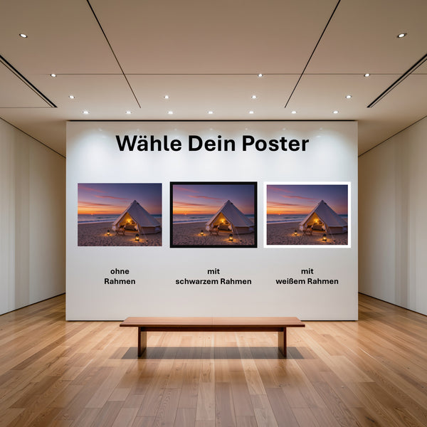 Poster Romantisches Strandzelt bei Sonnenuntergang B-00019 mit und ohne Rahmen