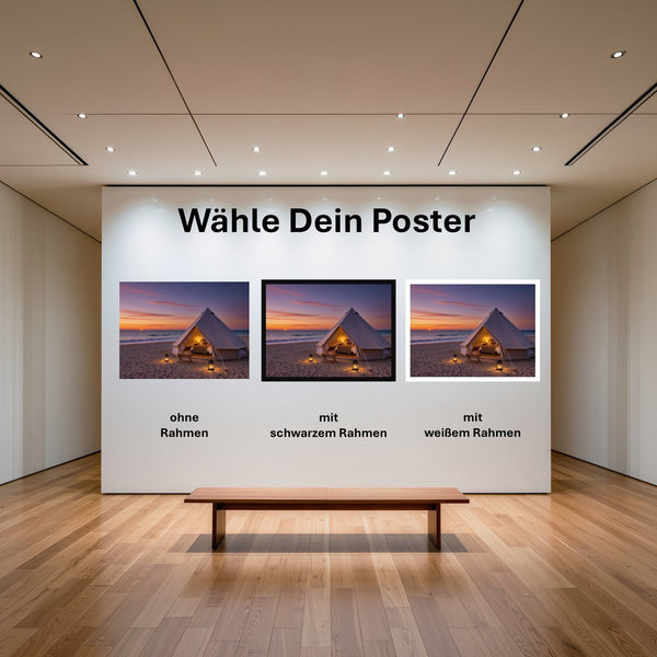 Poster Romantisches Strandzelt bei Sonnenuntergang B-00019 mit und ohne Rahmen