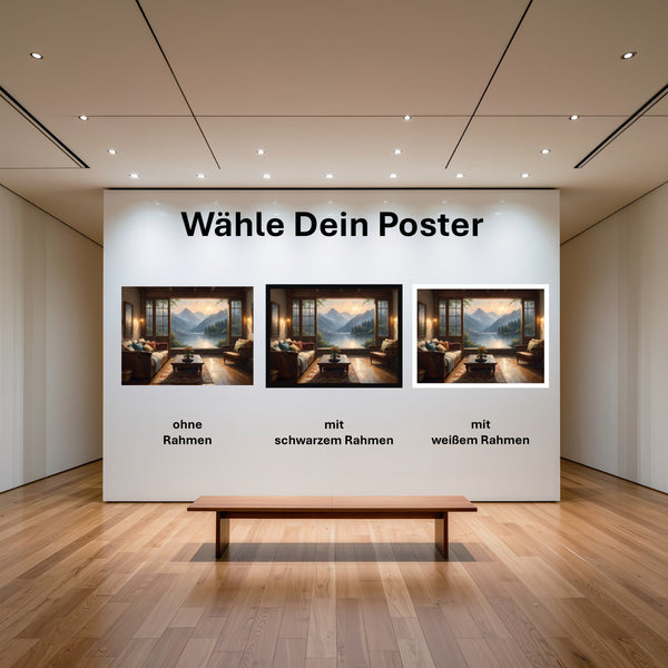 Poster Bergblick im Wohnzimmer mit und ohne Rahmen