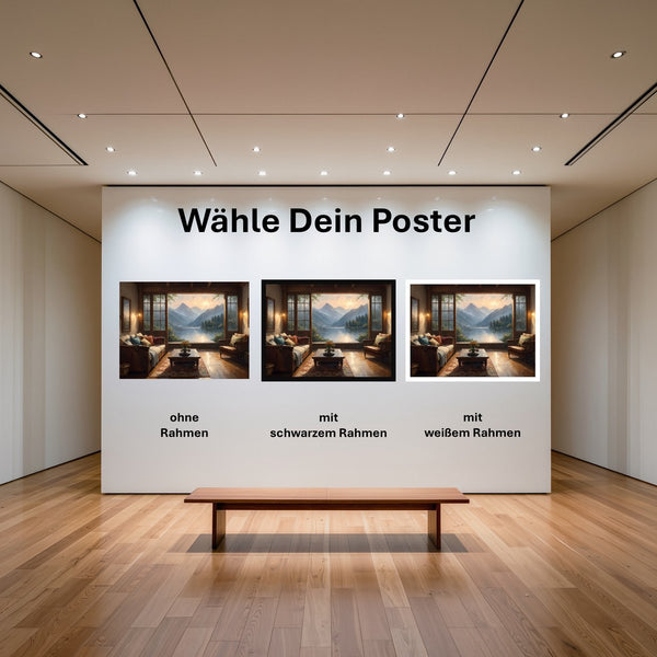 Poster Bergblick im Wohnzimmer mit und ohne Rahmen