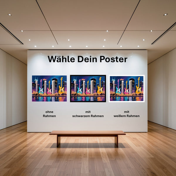 Poster Bunte Gitarren in der Stadt mit und ohne Rahmen
